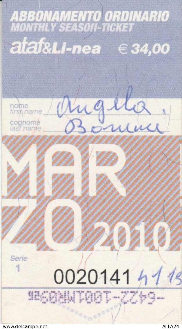 ABBONAMENTO MENSILE BUS ATAF FIRENZE MARZO 2010 (MF1224 - Europe