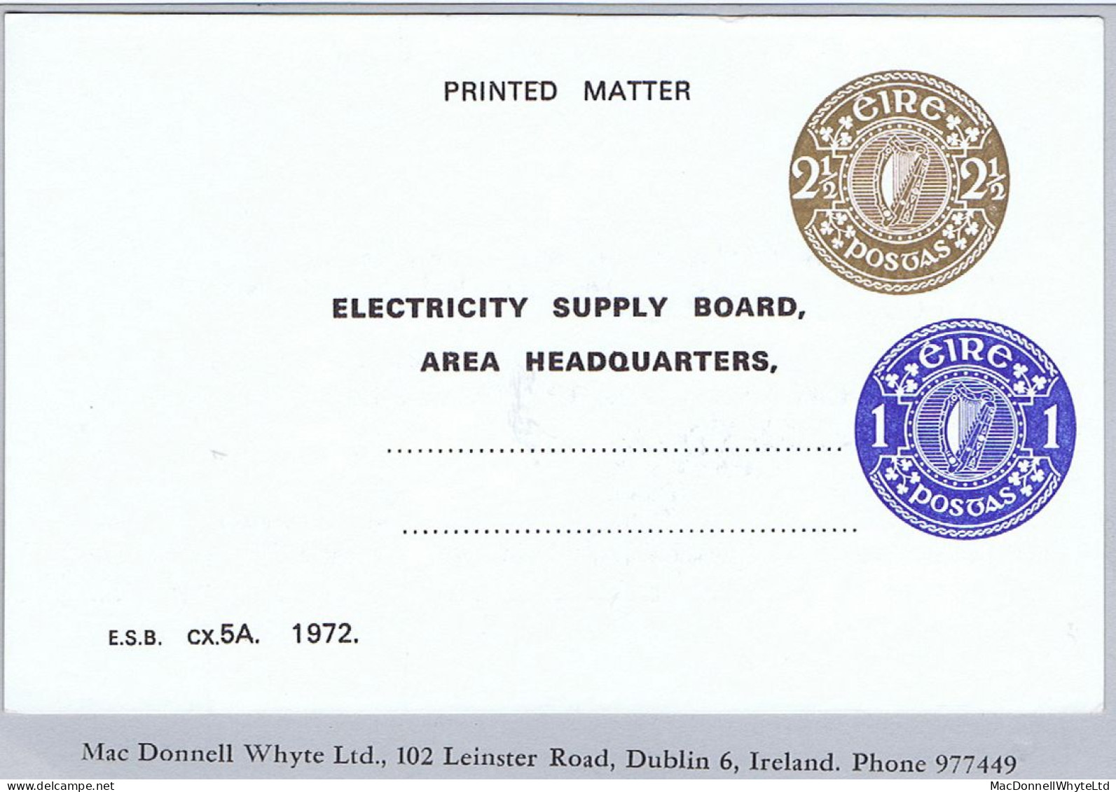 Ireland Stamped-to-order 1972 2½p Brown ESB Appointment Card, With Additional 1p Blue For New Postal Rate, Unused - Ganzsachen