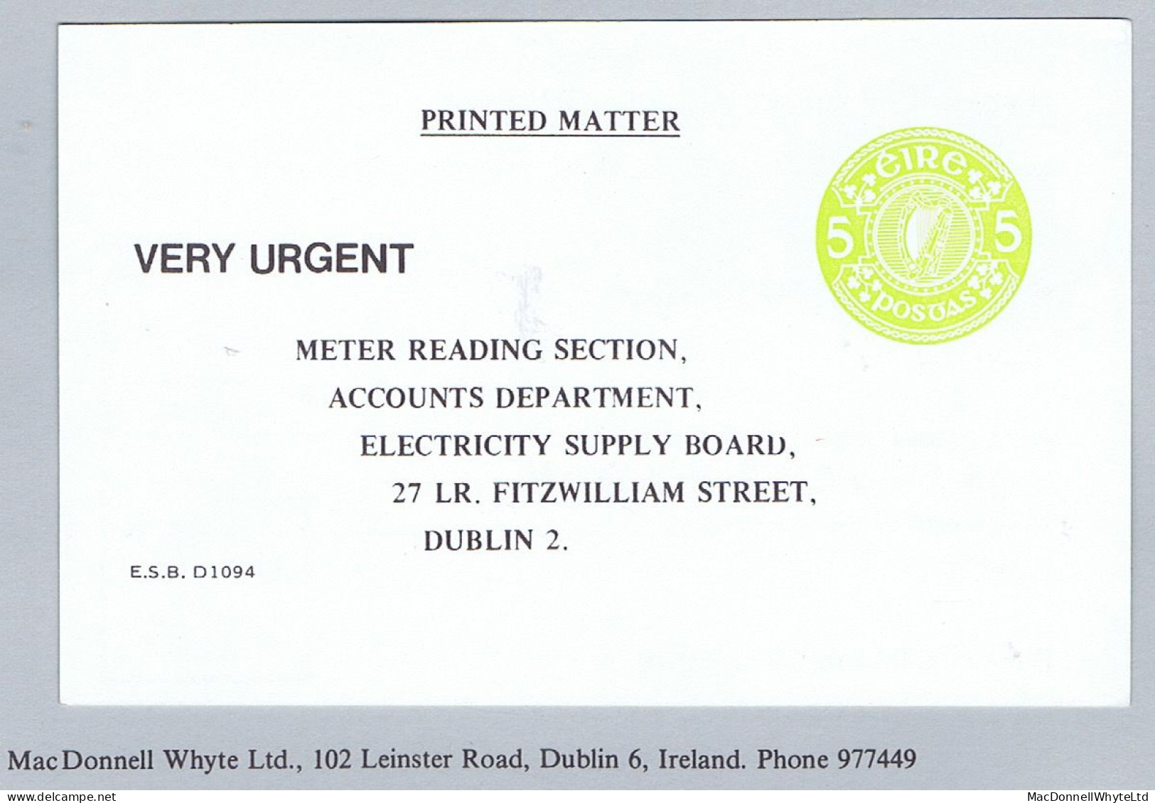 Ireland Stamped-to-order 1971 5p Green ESB Meter Reading Card, Fine Unused. FAI 15 - Interi Postali