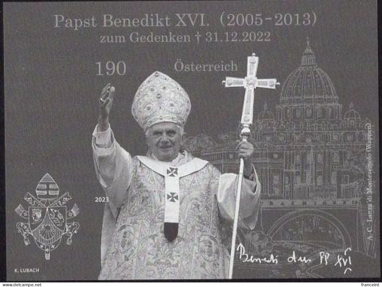 AUSTRIA(2023) Pope Benedict XVI. Black Print Of Minisheet. - Ensayos & Reimpresiones