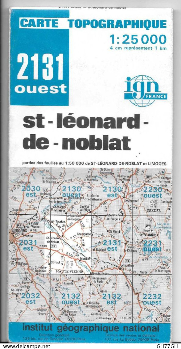 CARTE IGN SAINT-LEONARD-DE-NOBLAT Au 1:25000ème -n°2131 OUEST -1983 - Topographische Kaarten