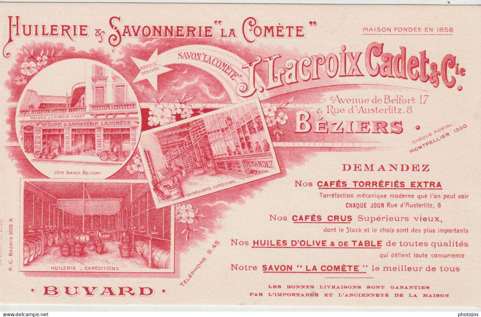 Buvard Publicitaire Ancien RARE  Litho Savonnerie La Comète à Béziers (34) Huilerie Magasins Expéditions - Farben & Lacke