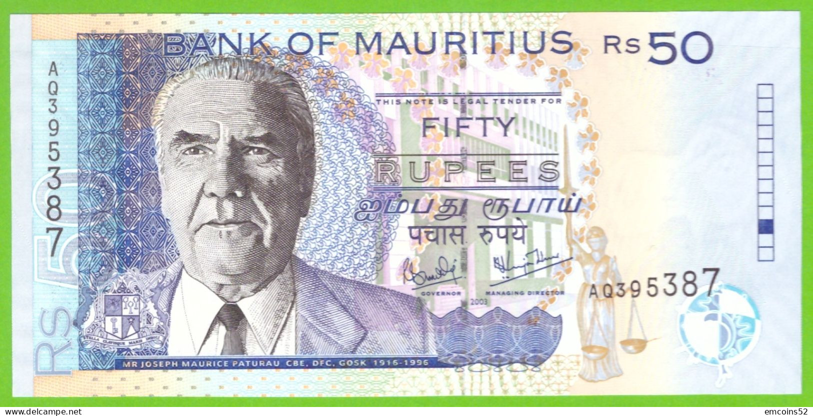 MAURITIUS 50 RUPEES 2003 P-50c UNC - Mauritius