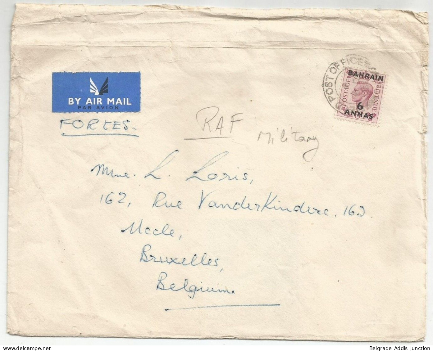 Bahrain Letter To Belgium 1953 Field Post Office RAF Military Forces - Bahrein (...-1965)