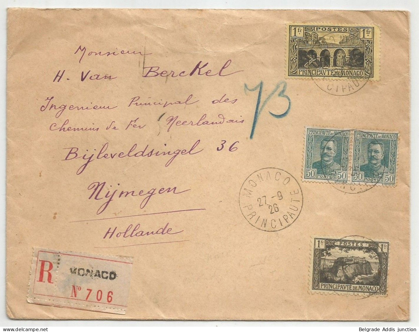 Monaco Lettre Recommandée 1926 Vers Les Pays-bas - Storia Postale