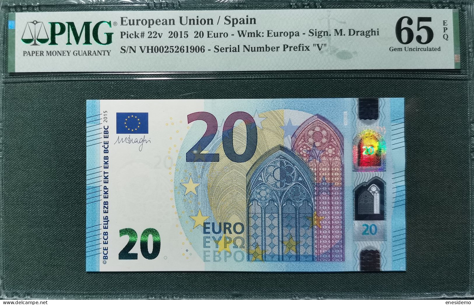 20 EURO SPAIN 2015 DRAGHI V003B5 VH TEST NOTE SC FDS UNC. CERTIFICATE PMG 65 EPQ - 20 Euro