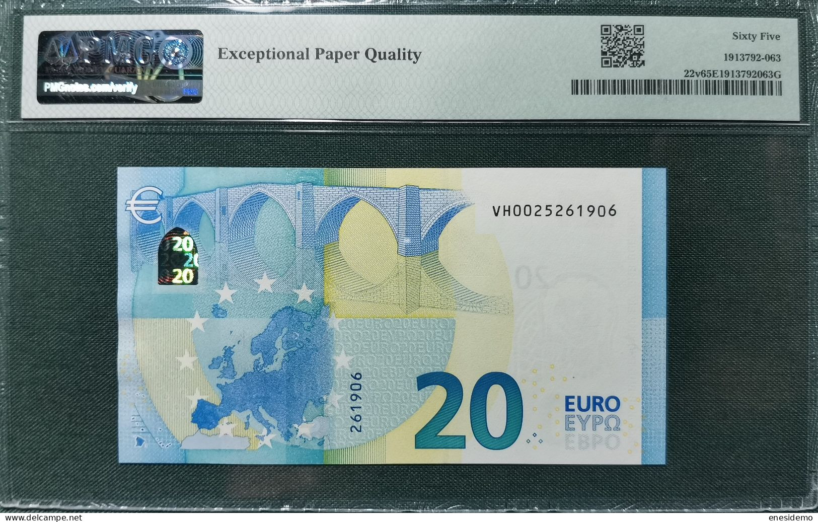 20 EURO SPAIN 2015 DRAGHI V003B5 VH TEST NOTE SC FDS UNC. CERTIFICATE PMG 65 EPQ - 20 Euro