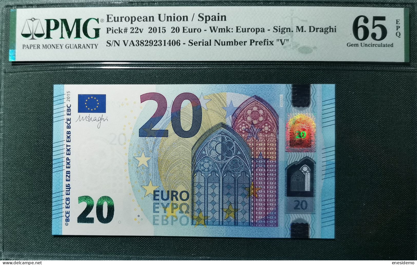 20 EURO SPAIN 2015 DRAGHI V003B5 VH TEST NOTE SC FDS UNC. CERTIFICATE PMG 65 EPQ - 20 Euro