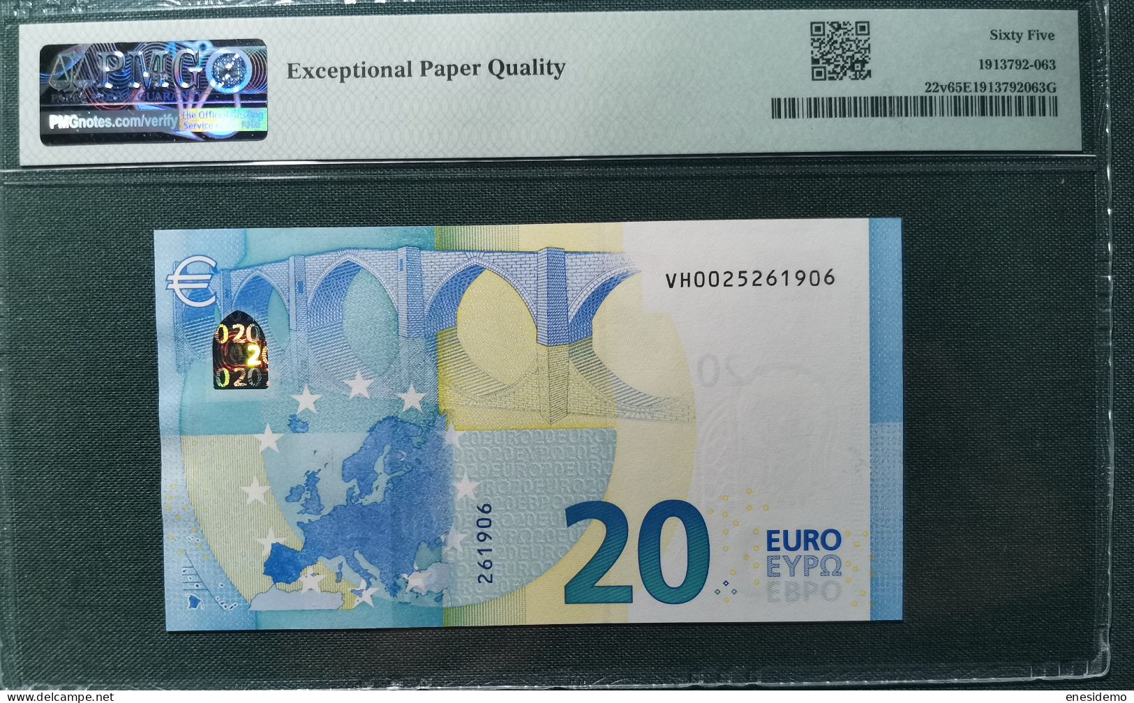 20 EURO SPAIN 2015 DRAGHI V003B5 VH TEST NOTE SC FDS UNC. CERTIFICATE PMG 65 EPQ - 20 Euro