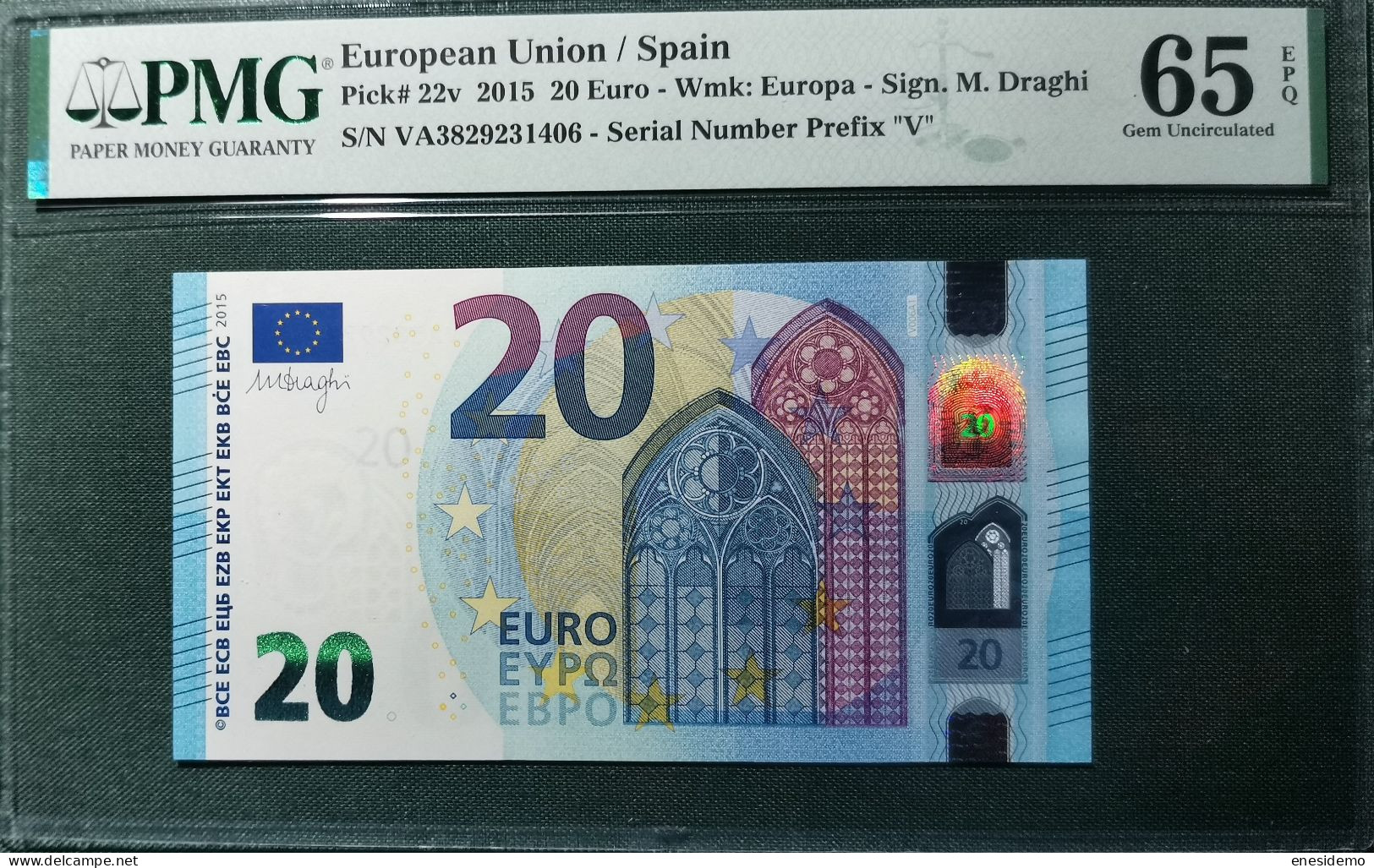 20 EURO SPAIN 2015 DRAGHI V003B5 VH TEST NOTE SC FDS UNC. CERTIFICATE PMG 65 EPQ - 20 Euro