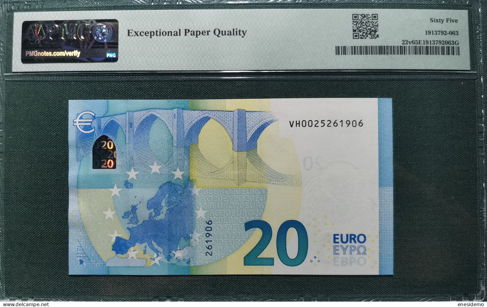 20 EURO SPAIN 2015 DRAGHI V003B5 VH TEST NOTE SC FDS UNC. CERTIFICATE PMG 65 EPQ