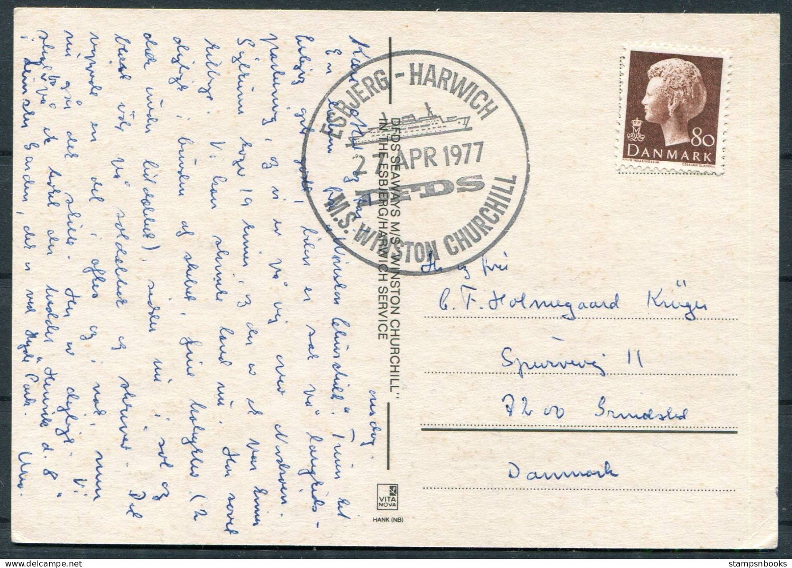 1977 Denmark DFDS Winston Churchill Ship Postcard, Esbjerg - Harwich  - Briefe U. Dokumente