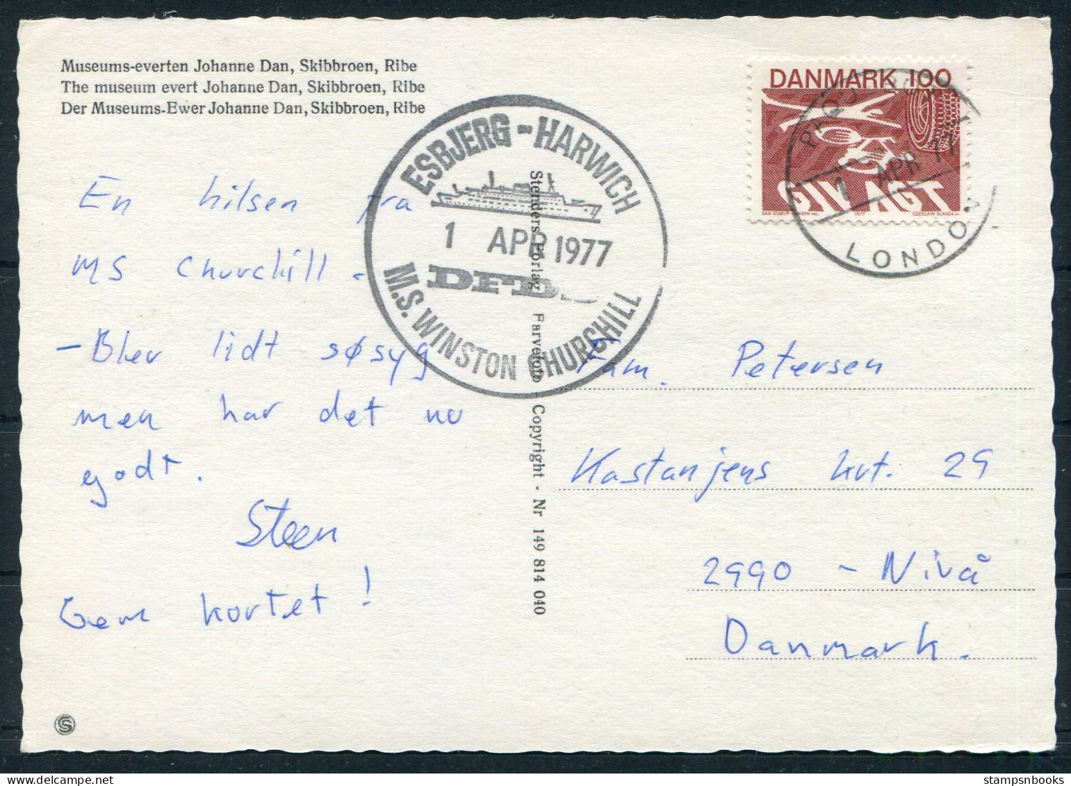 1977 Denmark Ribe Museum Postcard DFDS Winston Churchill Ship Esbjerg - Harwich, London Paquebot - Briefe U. Dokumente