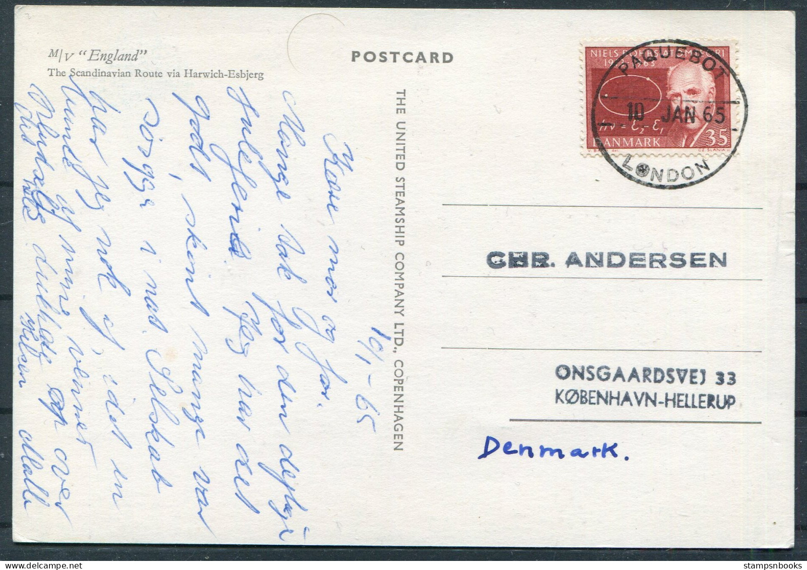 1965 Denmark M/V ENGLAND Ship Postcard London Paquebot. Slania - Brieven En Documenten