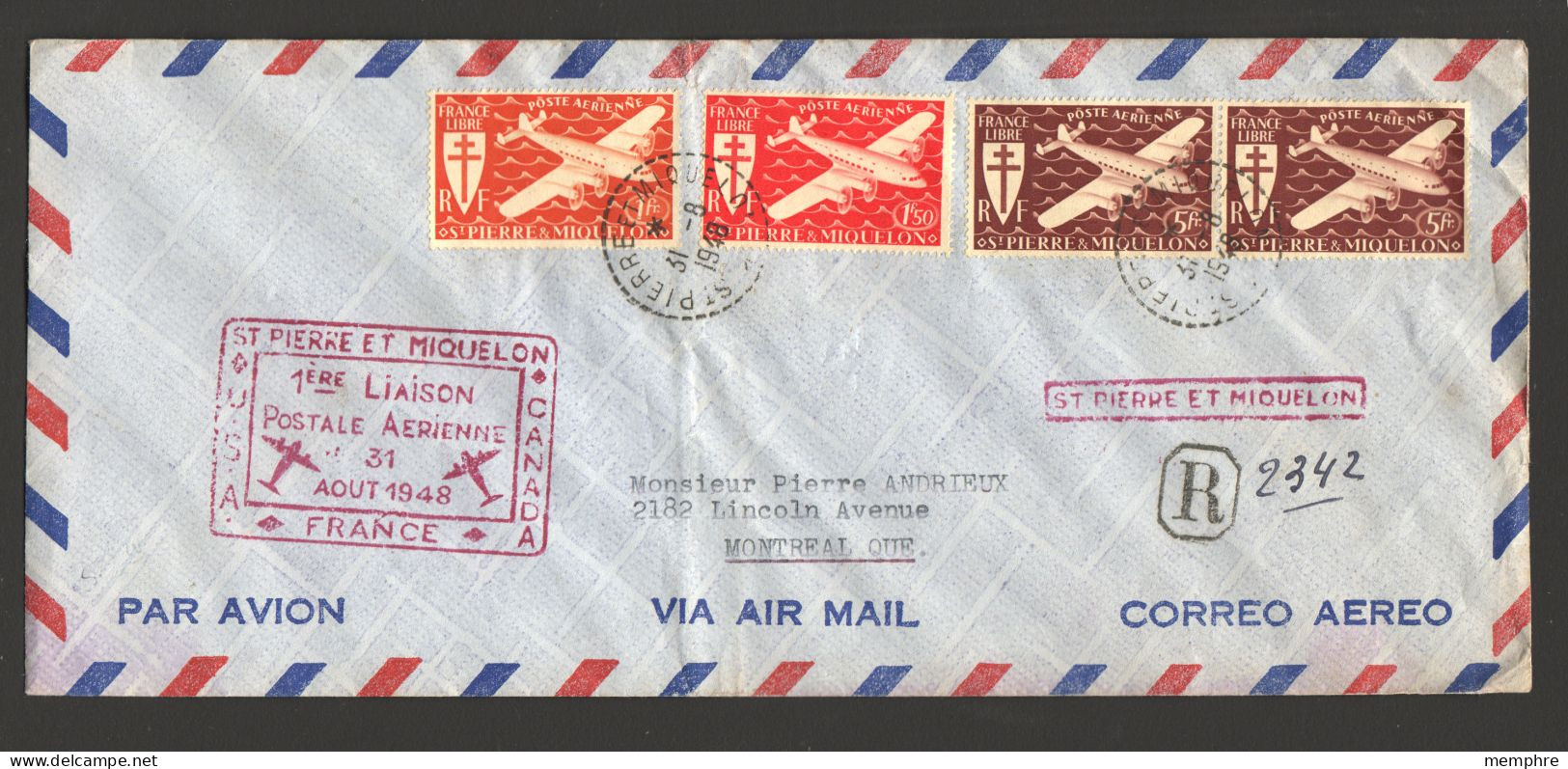 1948  Première Liaison Postale Aérienne Avec Le Canada     France Libre PA4, 5, 6(x2) - Cartas & Documentos