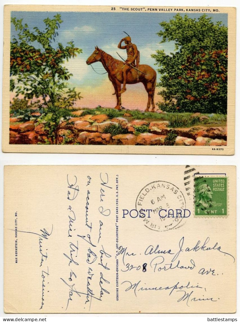 United States 1945 Postcard Kansas City, Missouri - "The Scout" Penn Valley Park - Statue, Indian On Horseback - Kansas City – Missouri