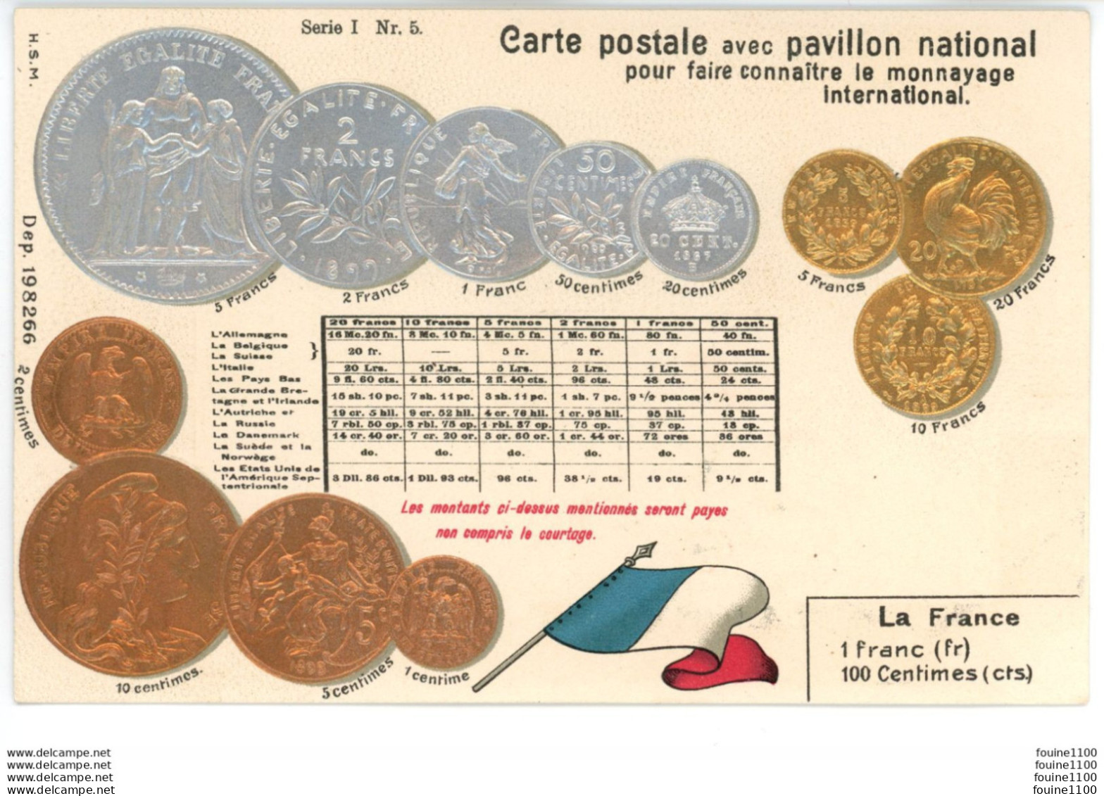 Carte Gaufrée PAVILLON NATIONAL MONNAYAGE INTERNATIONAL LA FRANCE Monnaie Hercule Francs Centimes Argent Or Drapeau - Monnaies (représentations)