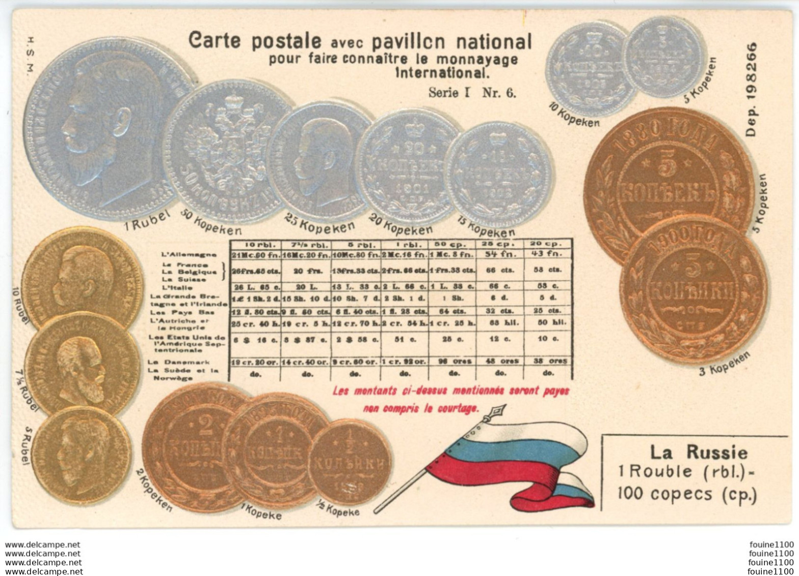 Carte Gaufrée PAVILLON NATIONAL - MONNAYAGE INTERNATIONAL - LA RUSSIE RUSSE ROUBLE COPECS - Monnaie - Drapeau - Monnaies (représentations)