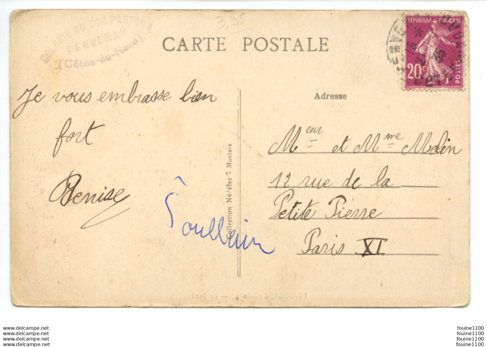 Carte De PORT BLANC Cachet Tampon Au Dos De La Colonie Du Bon Pasteur à PENVENAN - Penvénan