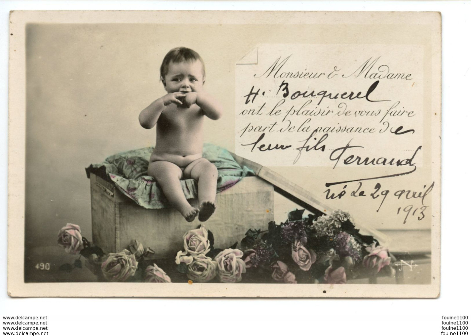 Carte De Naissance De Bébé " FERNAND BOUQUEREL " Le 29 Avril 1913 - Nascite
