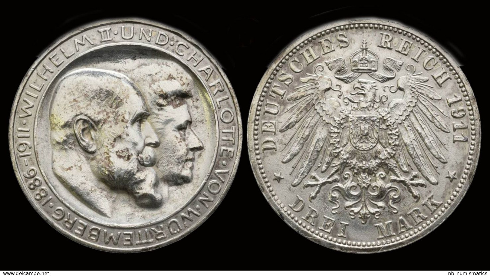 Germany Württemberg Wilhelm II 3 Mark 1911F - 2, 3 & 5 Mark Argento