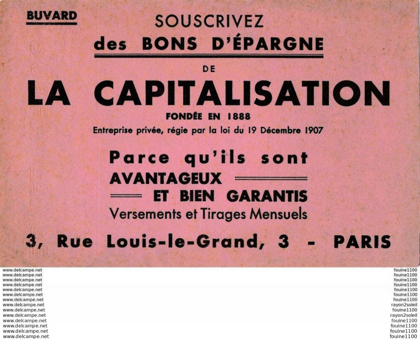 BUVARD  Bons D' épargne  La Capitalisation  3 Rue Louis Le Grand Paris - Bank & Insurance