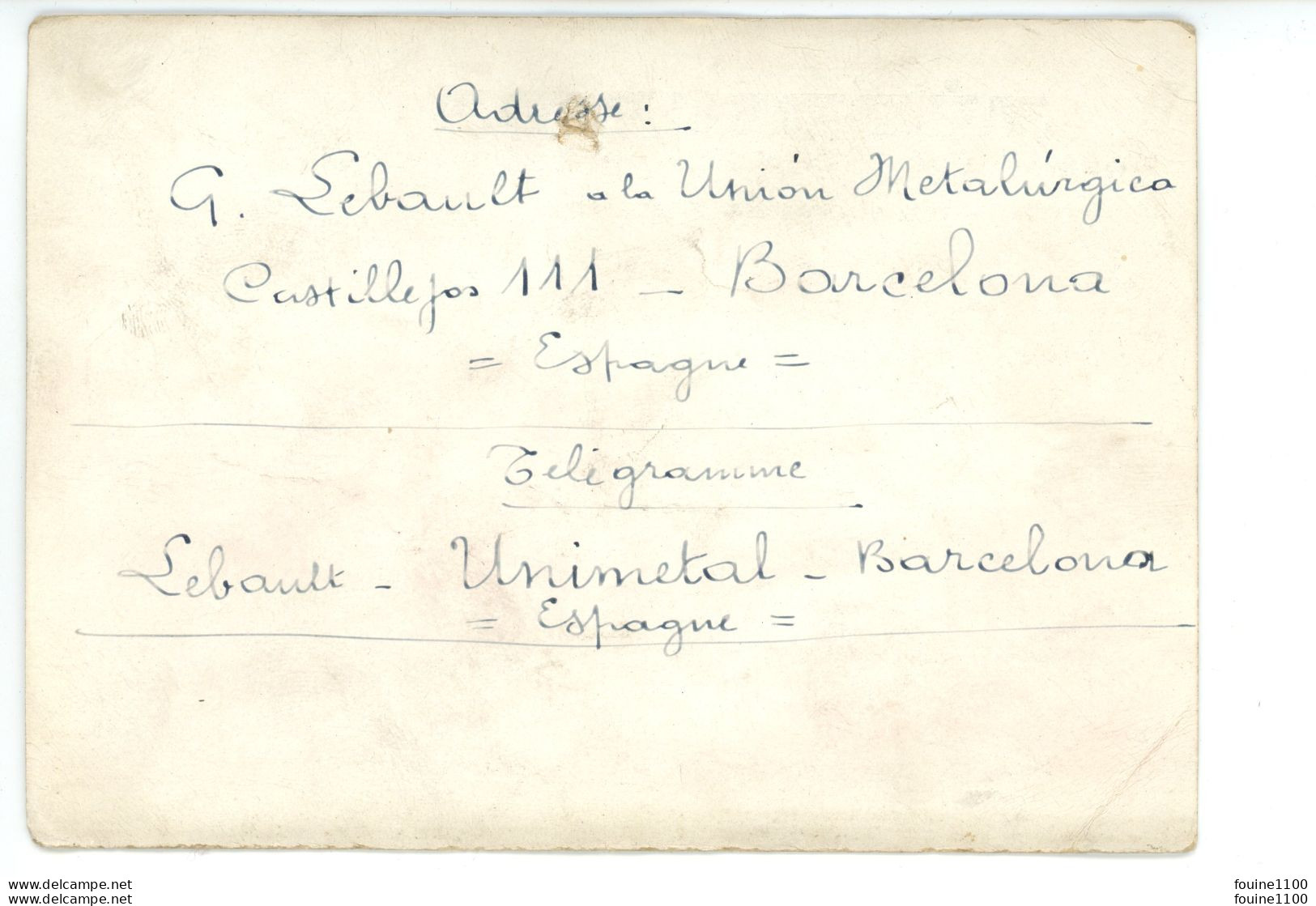 Carte Publicitaire Fabrica De Remaches Tuercas Tornillos Escarpias LA UNION METALURGICA Castillejos 111 BARCELONA - España