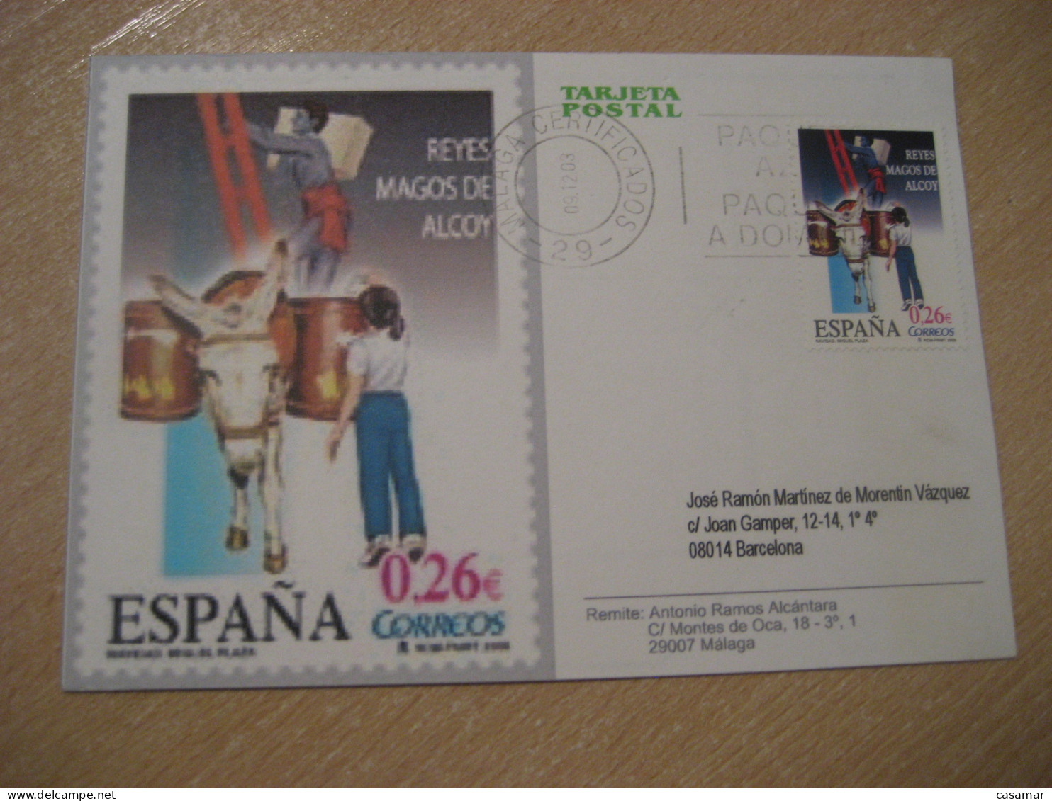 MALAGA 2003 The Magi Alcoy Alcoi Alicante Donkey Donkeys Ane Equus Cancel Card SPAIN - Burros Y Asnos