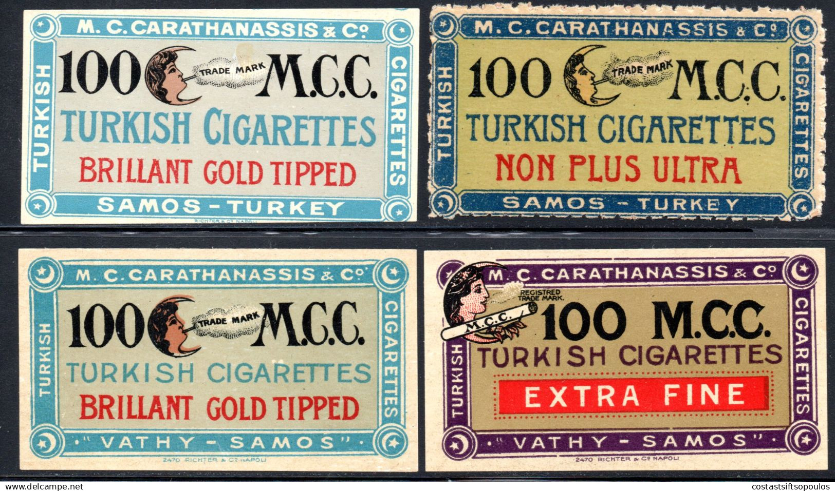 2256. GREECE, TURKEY, SAMOS 5 CARATHANASSIS CIGARETTES LABELE, 1st MNH OTHERS WITHOUT VGUM - Advertising Items