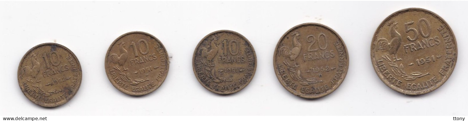 5 Pièces De Monnaie  50 F  1951  -   20 F  1952 B   -  Et  10 F  Coq  1951 B  Et 1952 - Andere & Zonder Classificatie