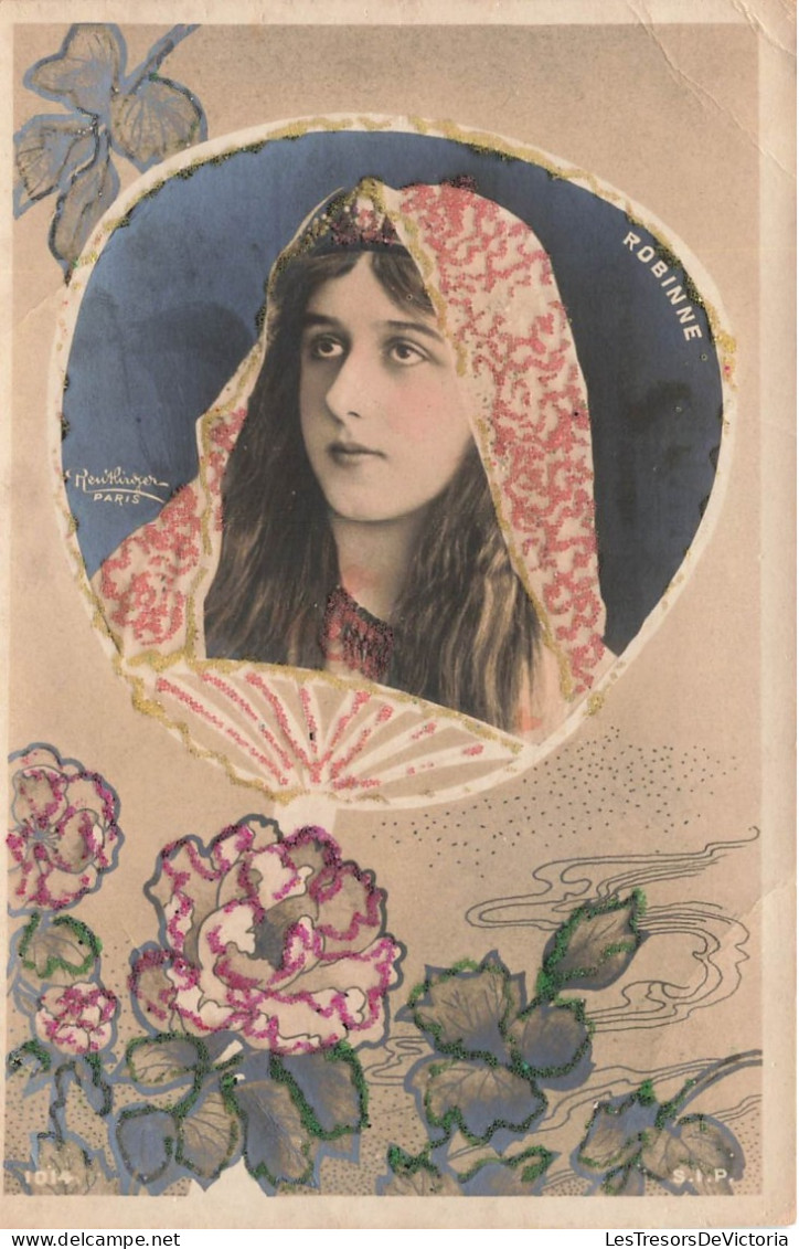 MODE - Reutlinger - Portrait De Mlle Robinne - Cadre éventail - Fleurs - Paillettes - Colorisé - Carte Postale Ancienne - Moda