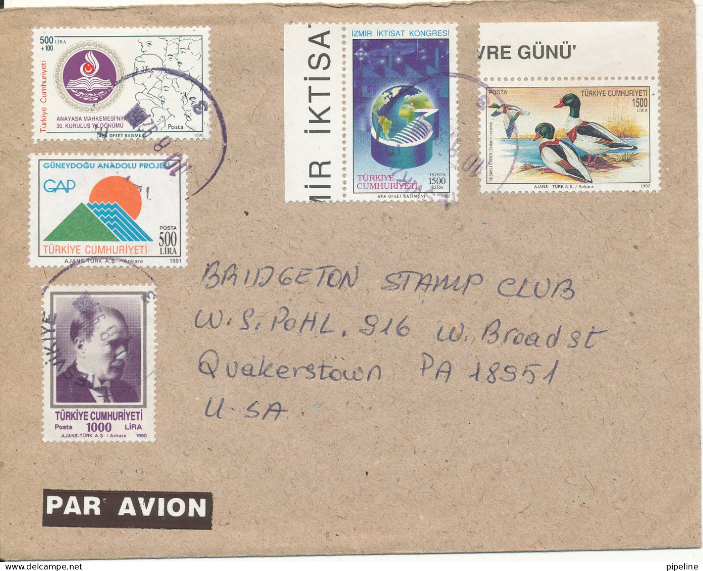 Turkey Cover Sent Air Mail To USA 10-8-1992 BIRDS And MAP On 2 Of The Stamps - Lettres & Documents