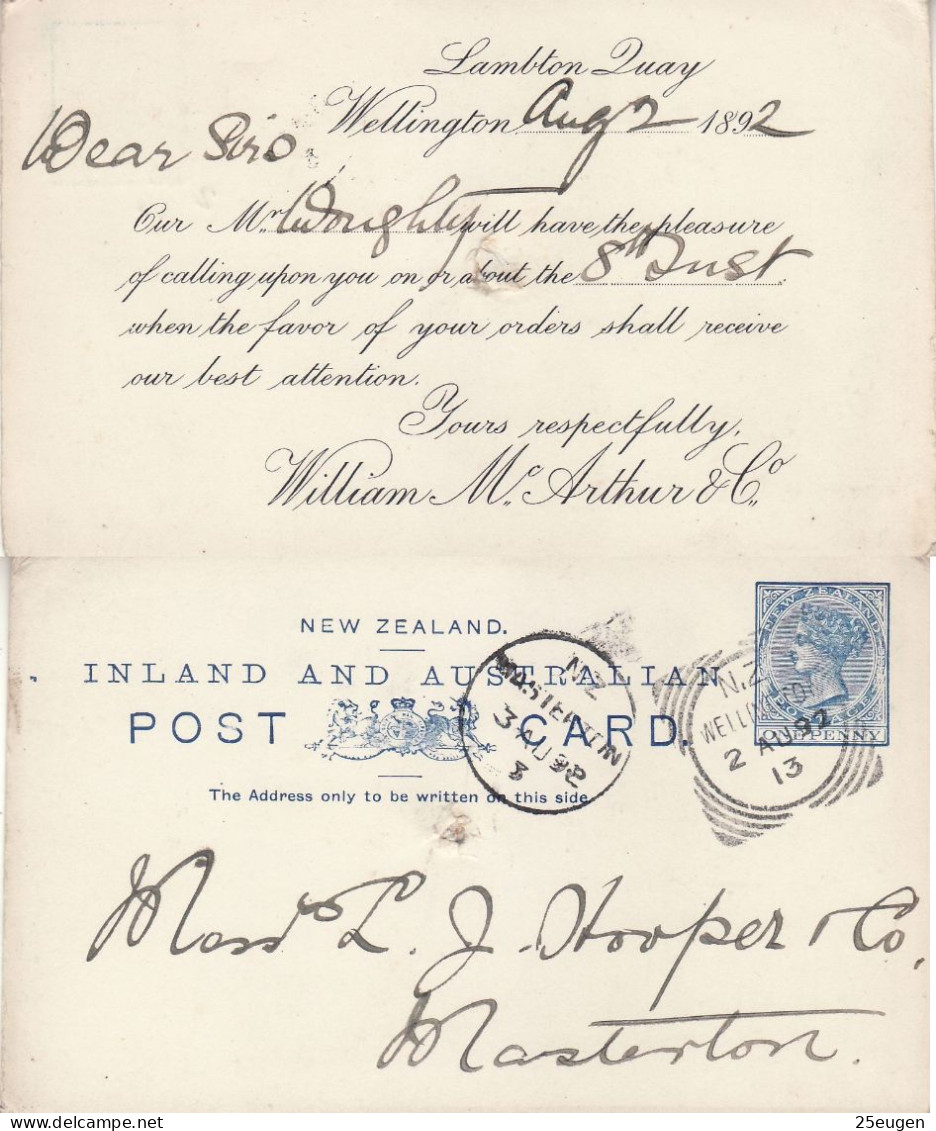 NEW ZEALAND 1892 POSTCARD SENT FROM WELLINGTON - Briefe U. Dokumente