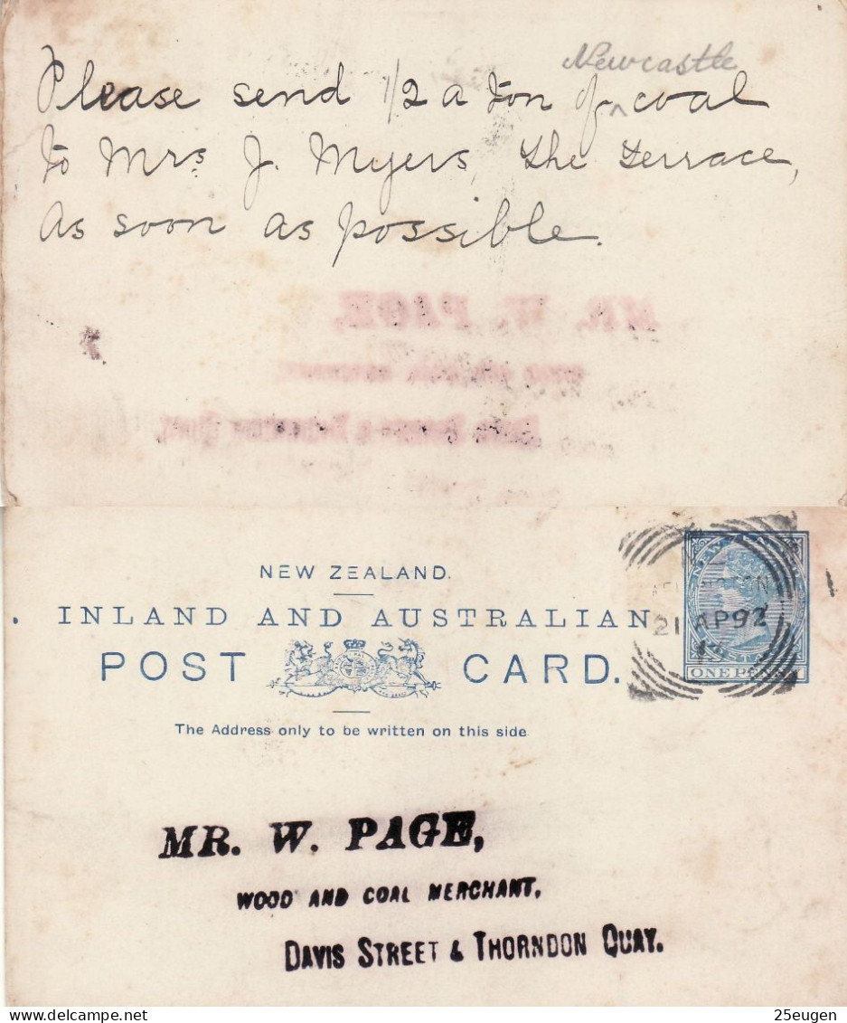 NEW ZEALAND 1892 POSTCARD SENT FROM WELLINGTON - Lettres & Documents