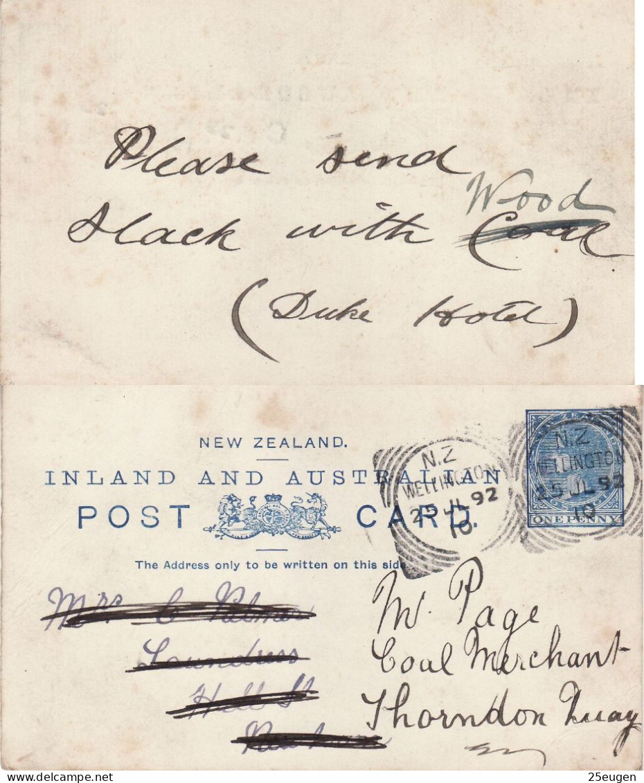 NEW ZEALAND 1892 POSTCARD SENT FROM WELLINGTON - Briefe U. Dokumente