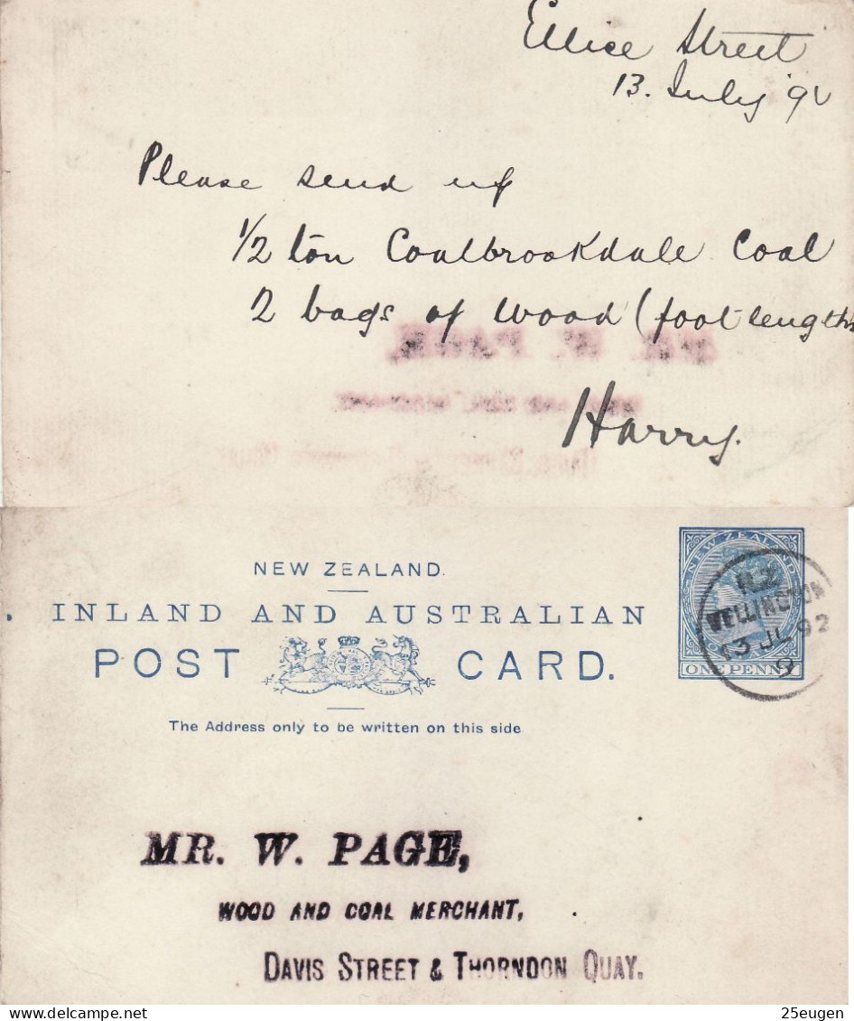 NEW ZEALAND 1892 POSTCARD SENT FROM WELLINGTON - Brieven En Documenten