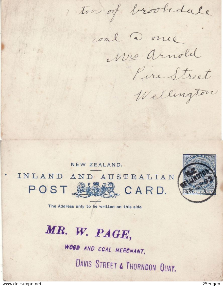 NEW ZEALAND 1892 POSTCARD SENT FROM WELLINGTON - Cartas & Documentos