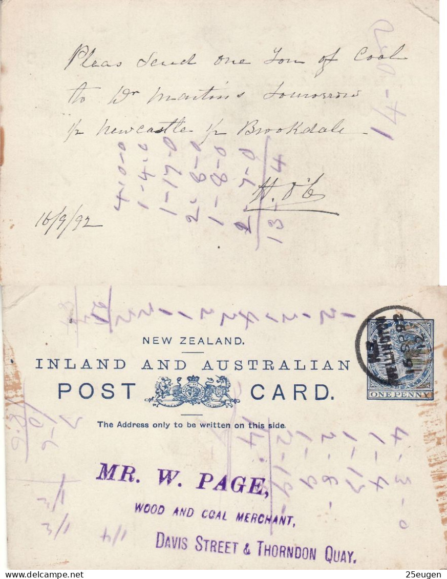 NEW ZEALAND 1892 POSTCARD SENT FROM WELLINGTON - Covers & Documents