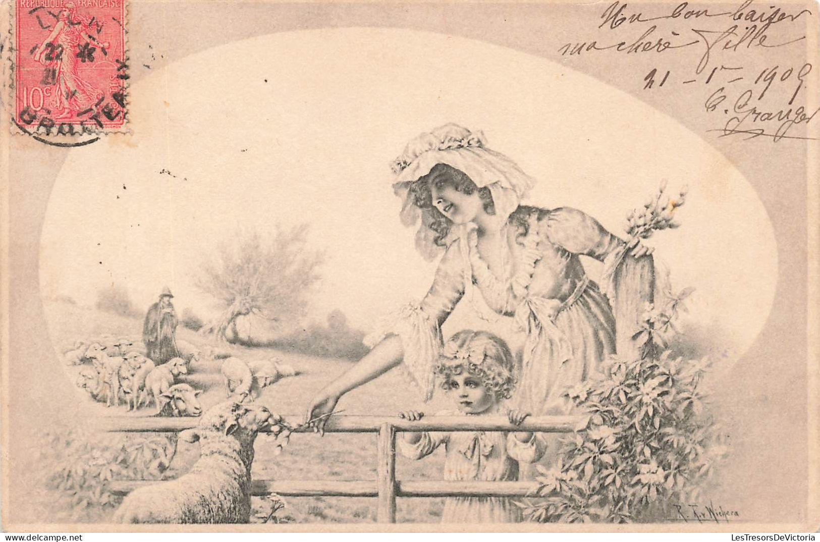 ILLUSTRATEUR SIGNE - R Rv Wichera - MM Vienne - Bergère Nourrissant Les Moutons Avec Sa Fille  - Carte Postale Ancienne - Wichera