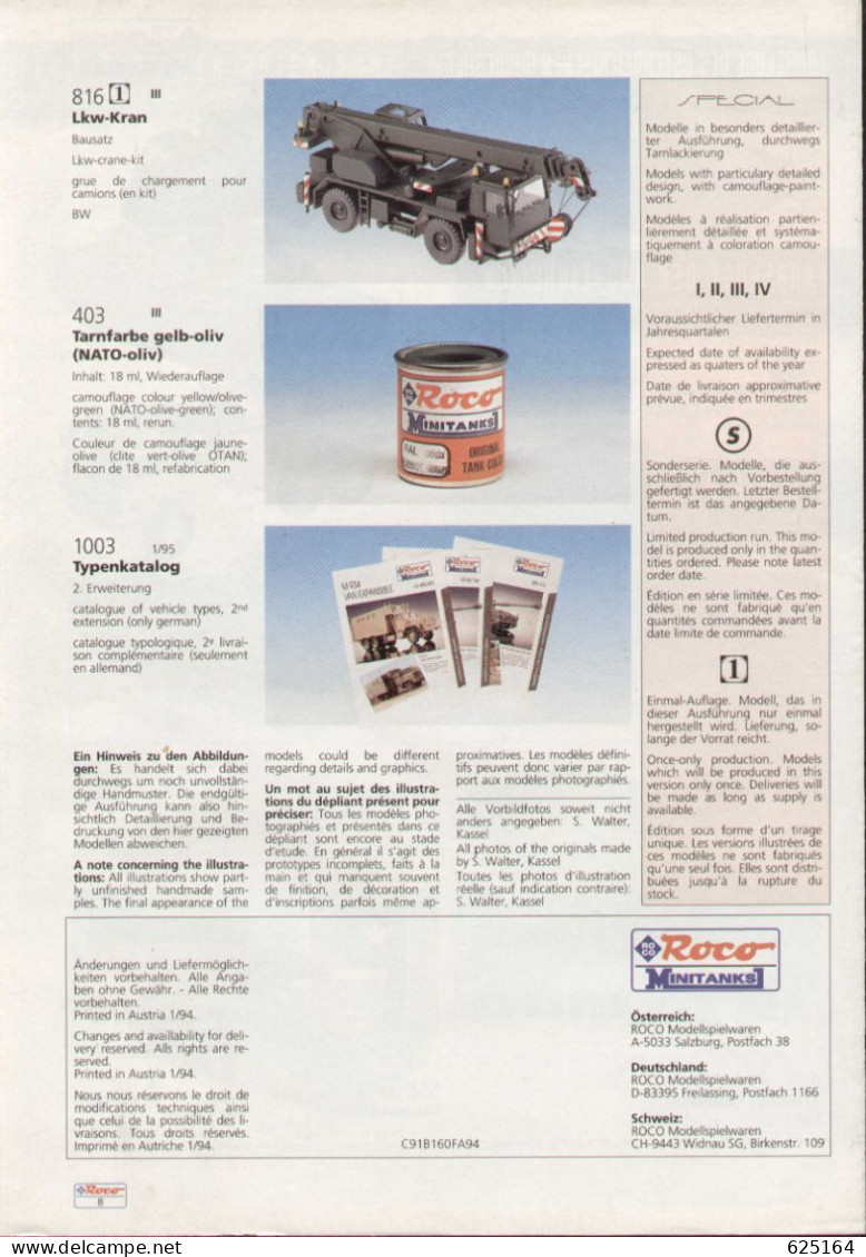 Catalogue ROCO Minitanks 1994 News Neuheiten - En Allemand, Anglais Et Français - German