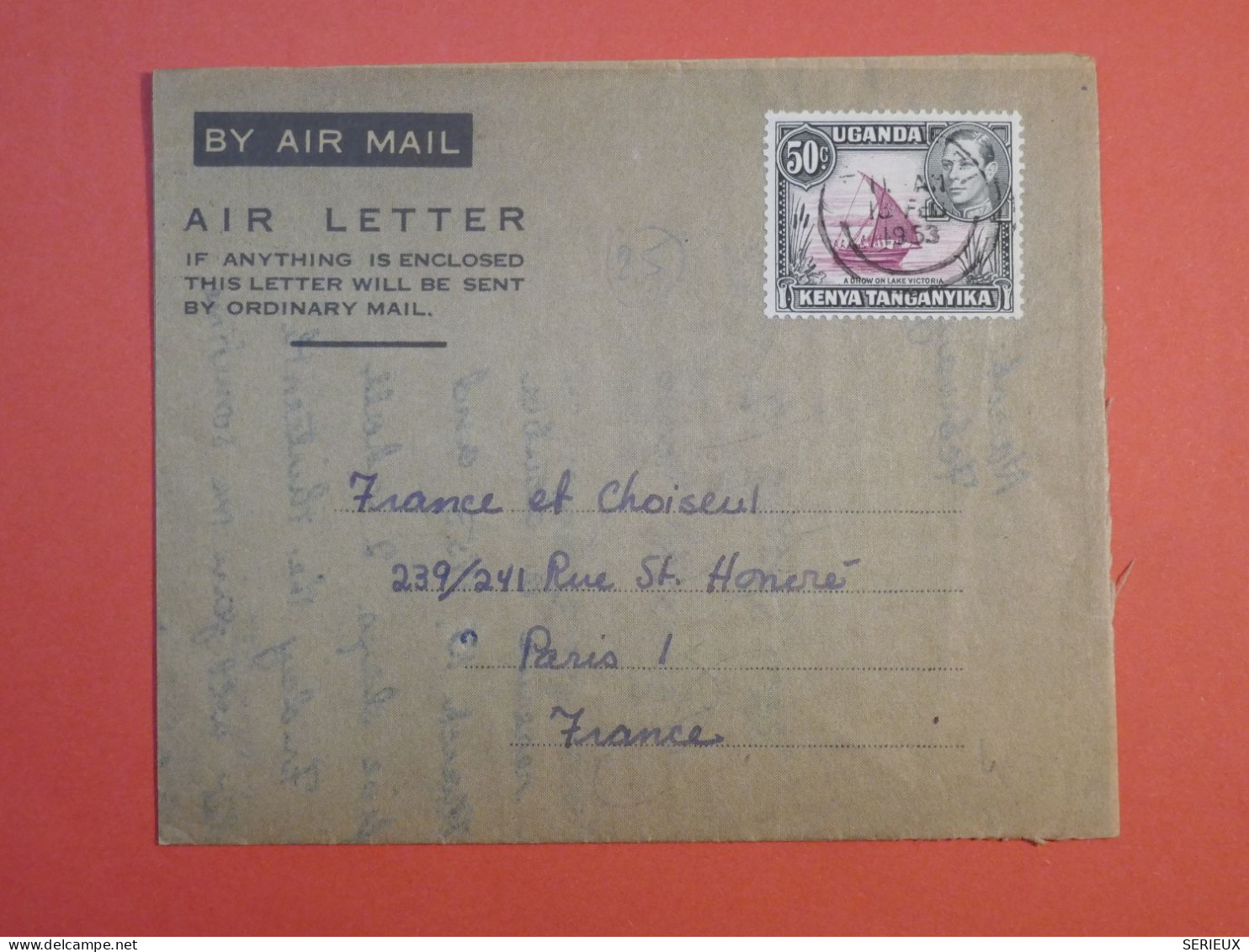 AT0 UGANDA   AIR  LETTER 1953 NAIROBI A PARIS FRANCE  +TEXTE  +  AFF. PLAISANT+++ - Oeganda (...-1962)