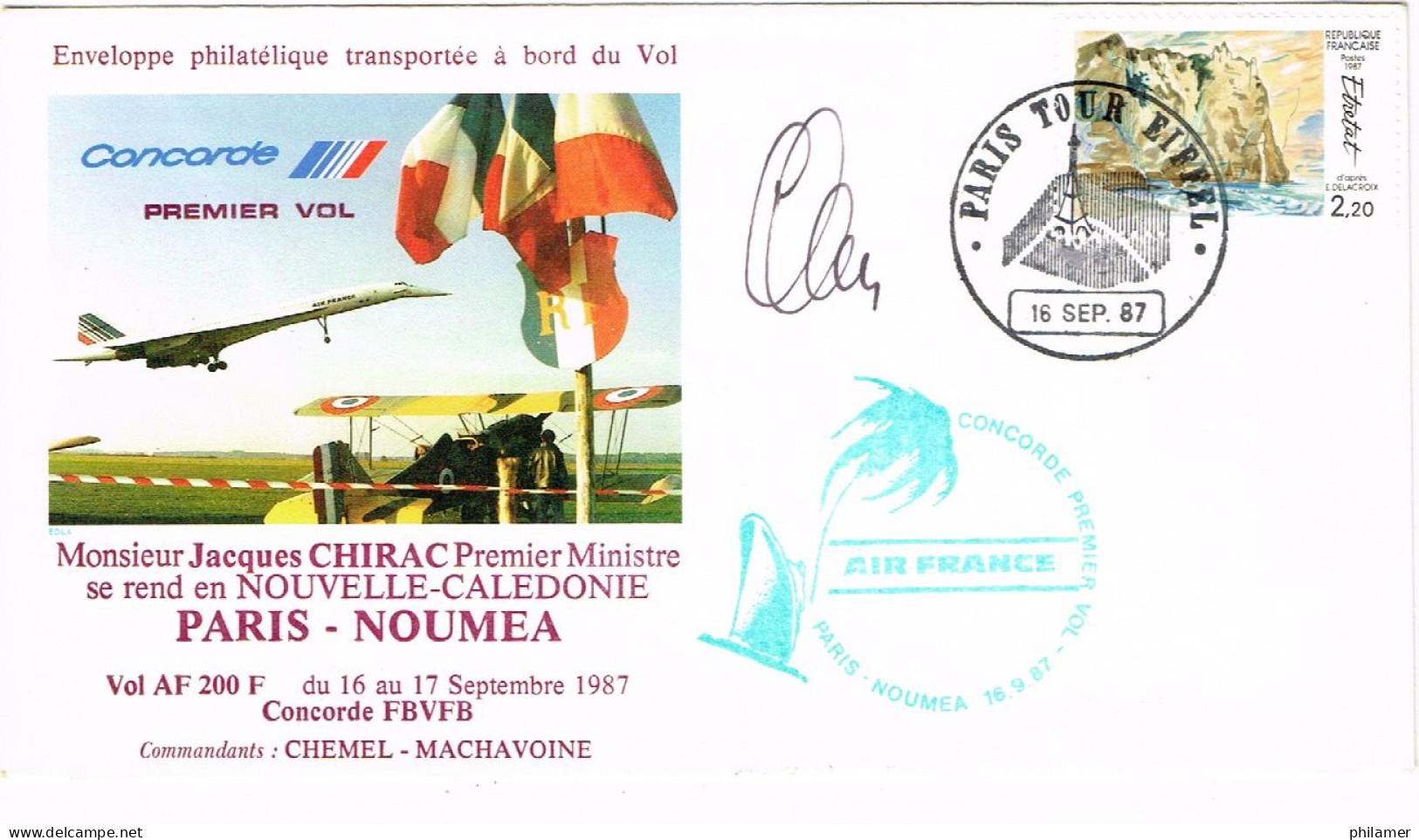 NOUVELLE CALEDONIE CALEDONIA FFC Premier Vol Aerien Paris Noumea Premier Ministre Jacques Chirac AF 200 F Concorde 87 BE - Cartas & Documentos