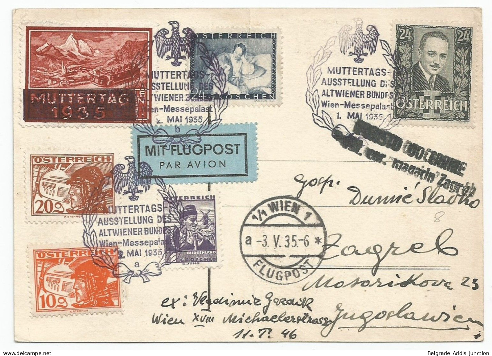 Österreich Austria ANK 597 On Maximum Card With Commemorative Cancel, Flugpost 1935 Sent Air Mail To Yugoslavia (Folded) - Brieven En Documenten