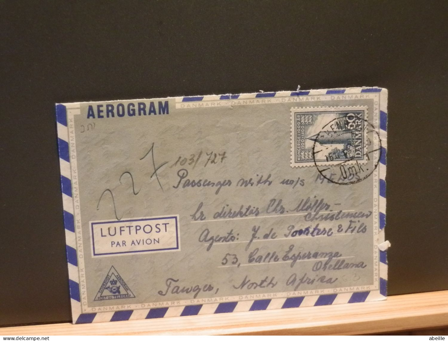 103/727 AEROGRAM    DANMARK 1954 POUR TANGER - Brieven En Documenten