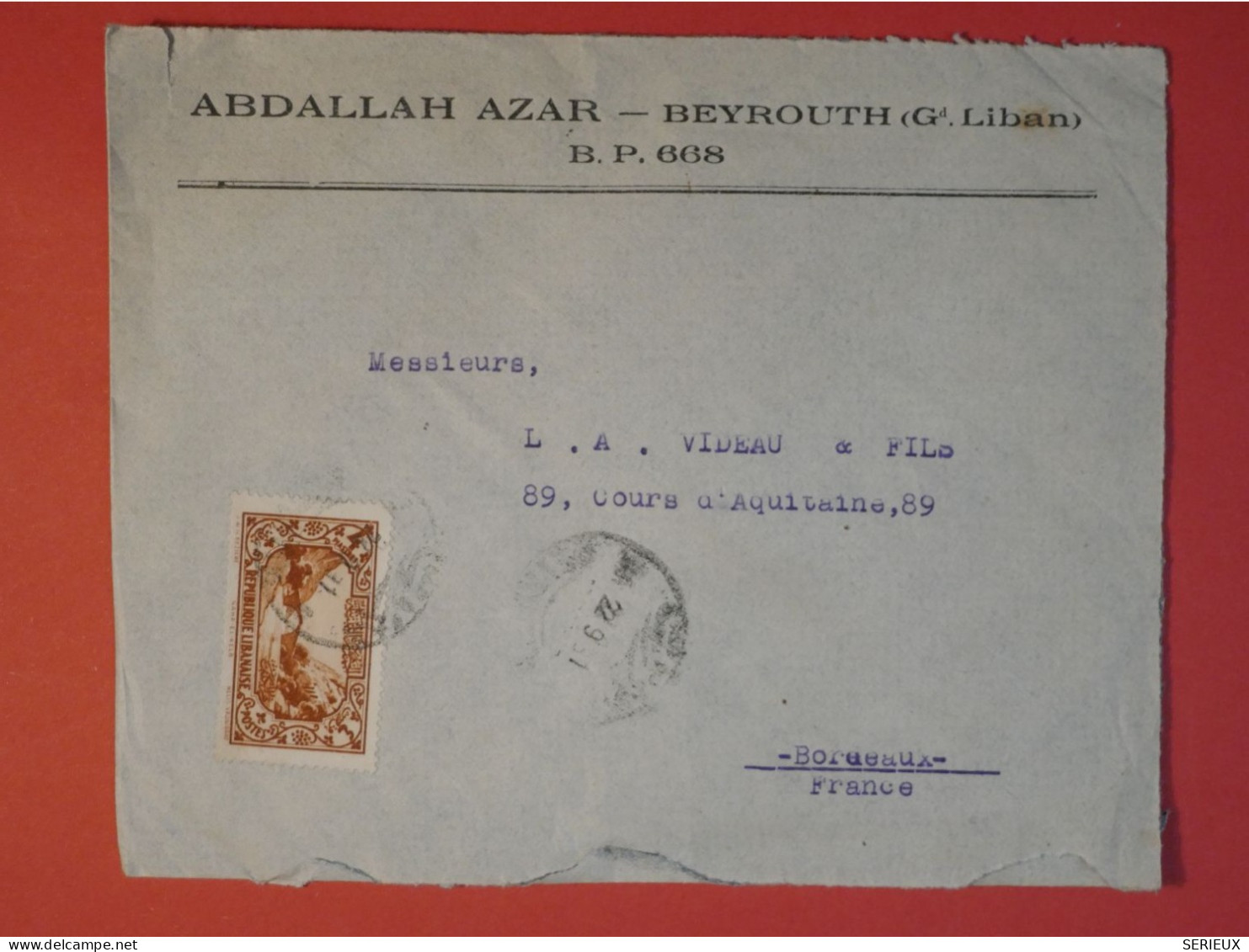 AT0  LIBAN BELLE LETTRE  1931 BEYROUTH A  BORDEAUX FRANCE ++AFF. INTERESSANT++ - Brieven En Documenten