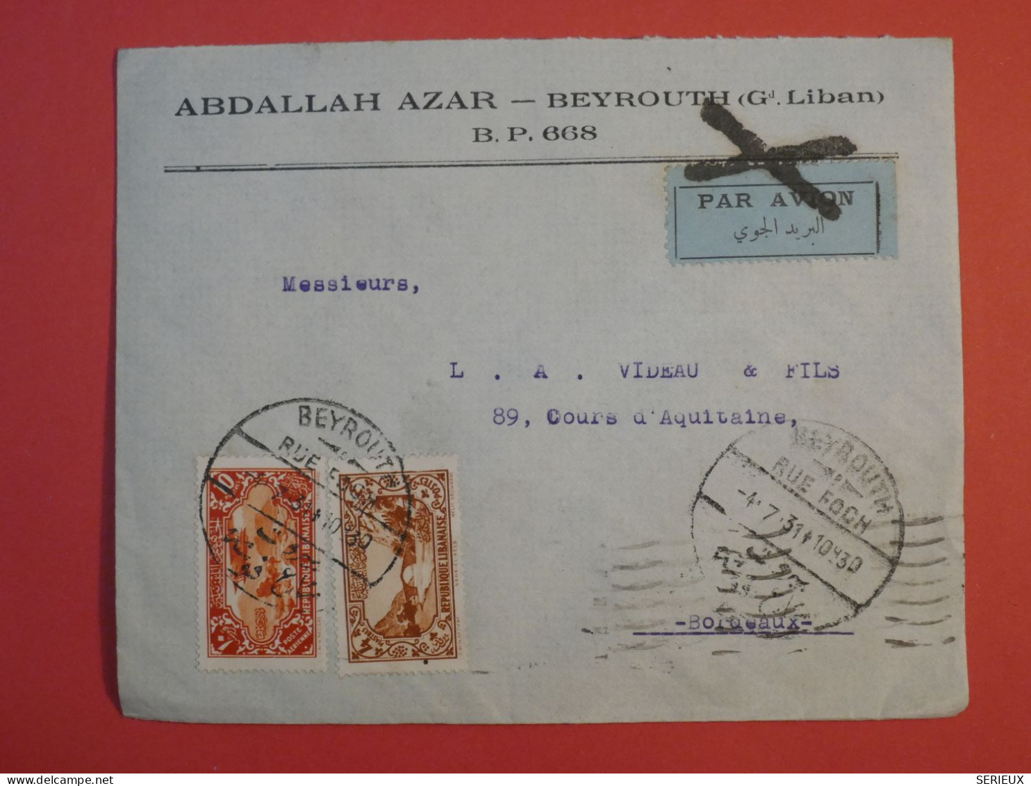 AT0  LIBAN BELLE LETTRE  1931 BEYROUTH A  BORDEAUX FRANCE ++AFF. INTERESSANT++ - Covers & Documents