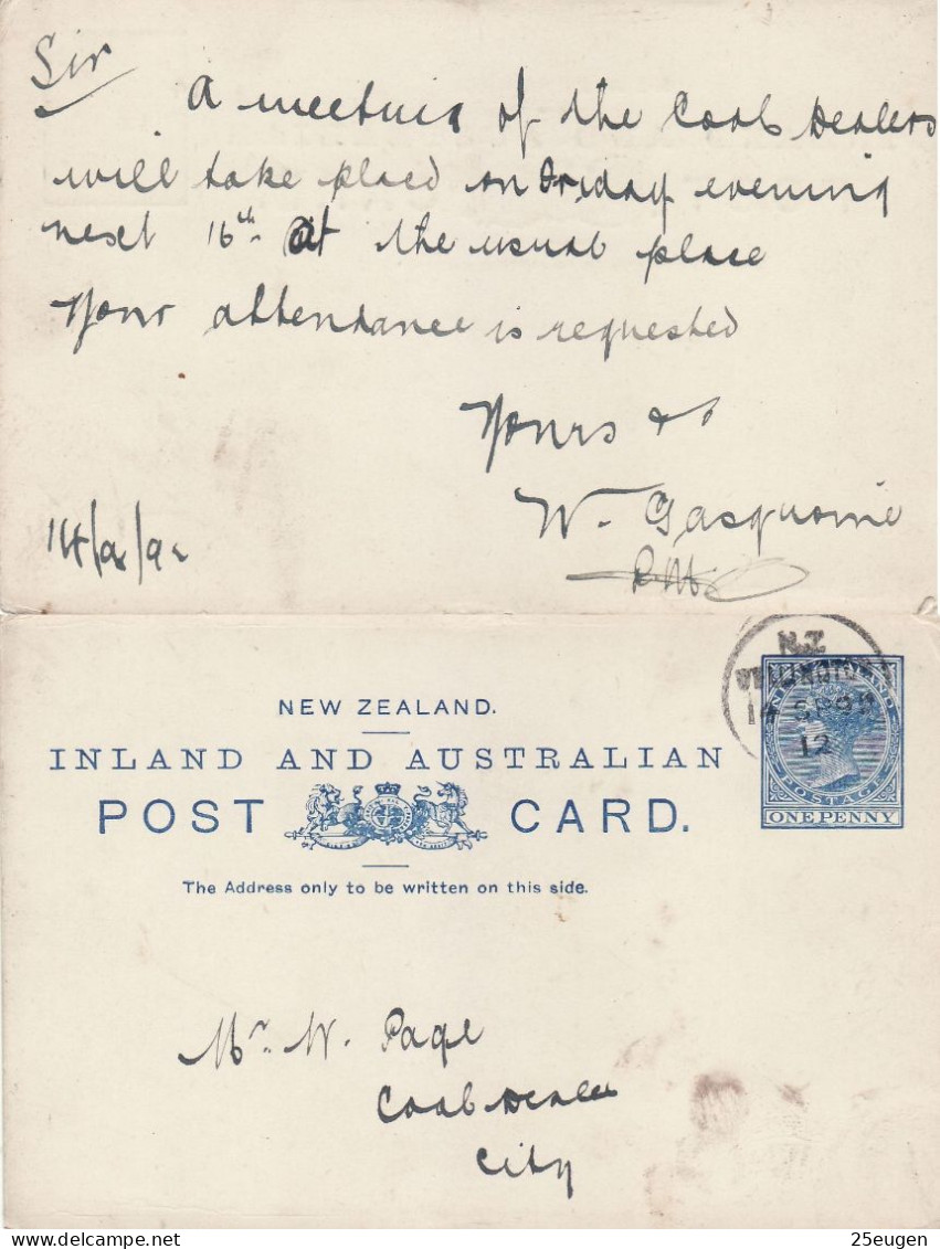 NEW ZEALAND 1893 POSTCARD SENT FROM WELLINGTON - Brieven En Documenten