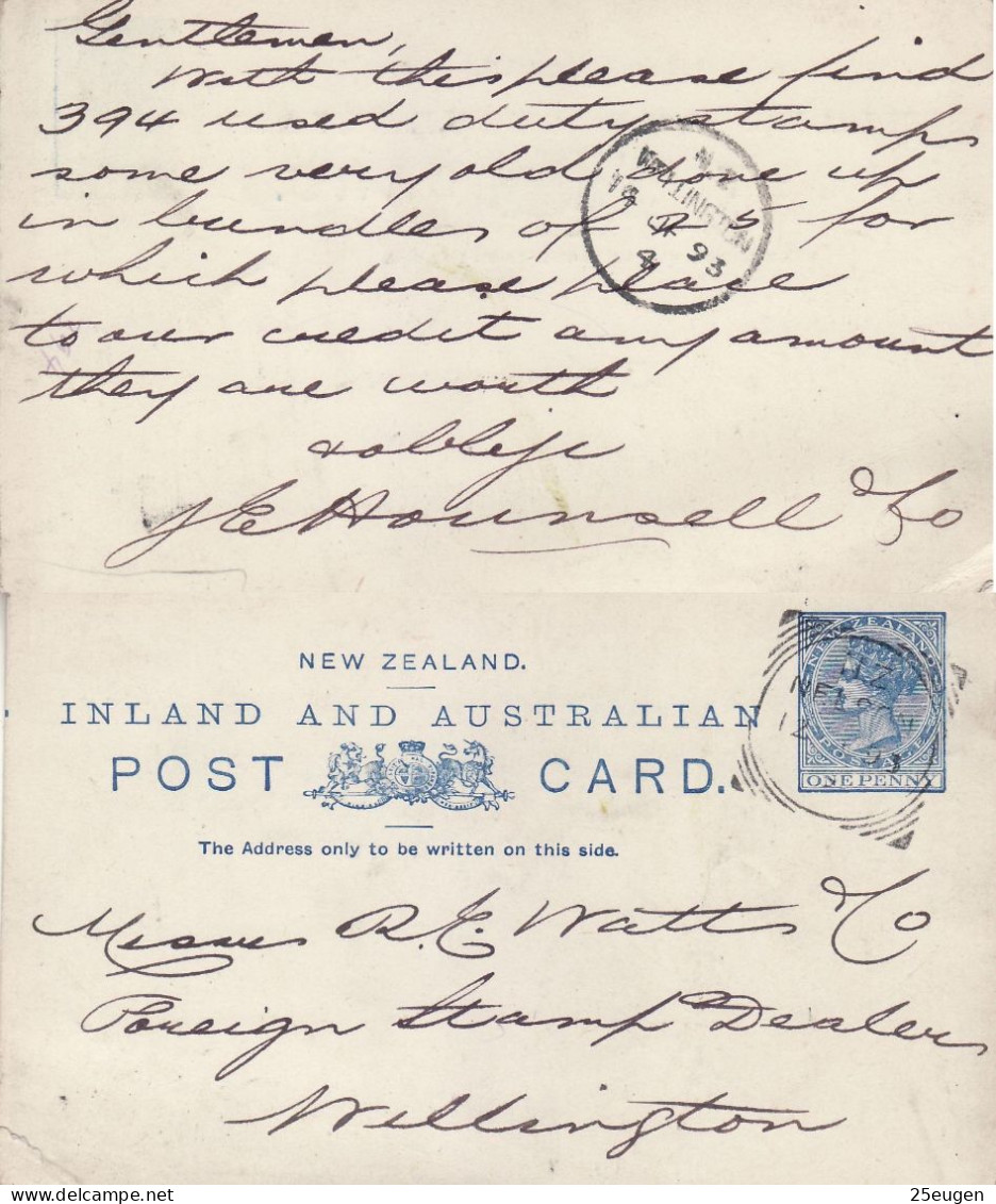 NEW ZEALAND 1893 POSTCARD SENT FROM NELSON - Brieven En Documenten