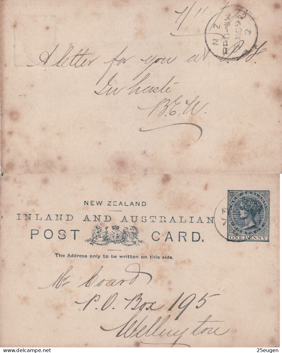 NEW ZEALAND 1893 POSTCARD SENT TO WELLINGTON - Covers & Documents