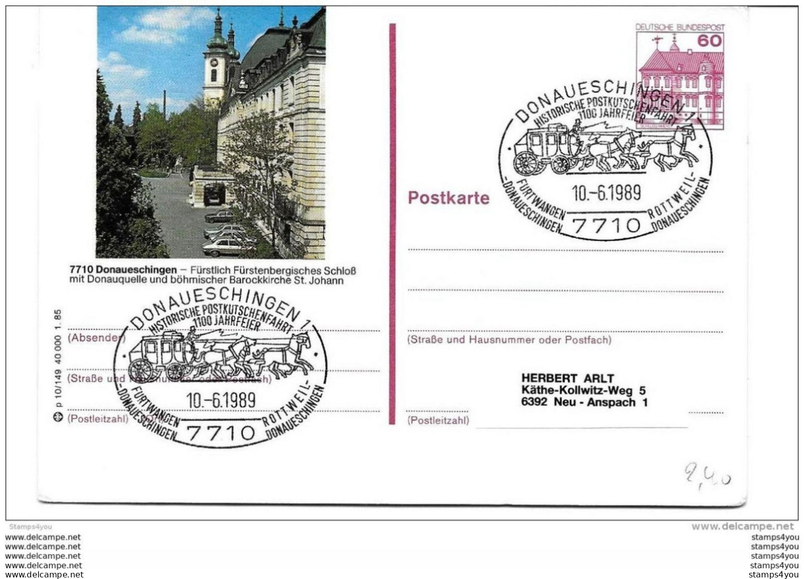 135 - 93 - Entier Postal Avec Illustration Donnaueschingen - Oblit Spéciale Postkutschenfahr Donaueschingen 1989" - Postcards - Used